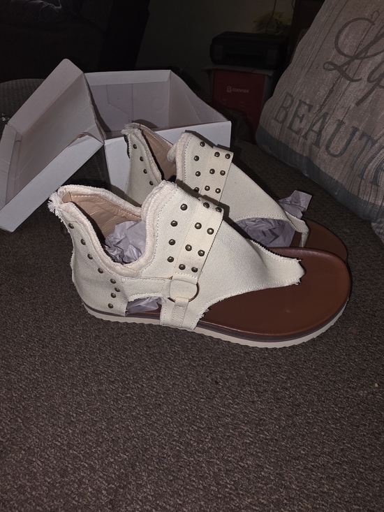 Shoes - Studded Canvas Cutout Sandals - Cream & Brown